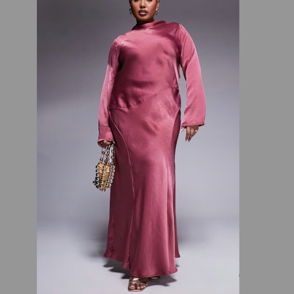 NWT ASOS Curve high neck seam detail satin maxi dress in dusky rose- US 24